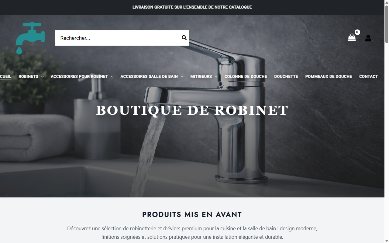 Aperçu du site e-commerce Aquaflux, robinetterie salle de bain et cuisine