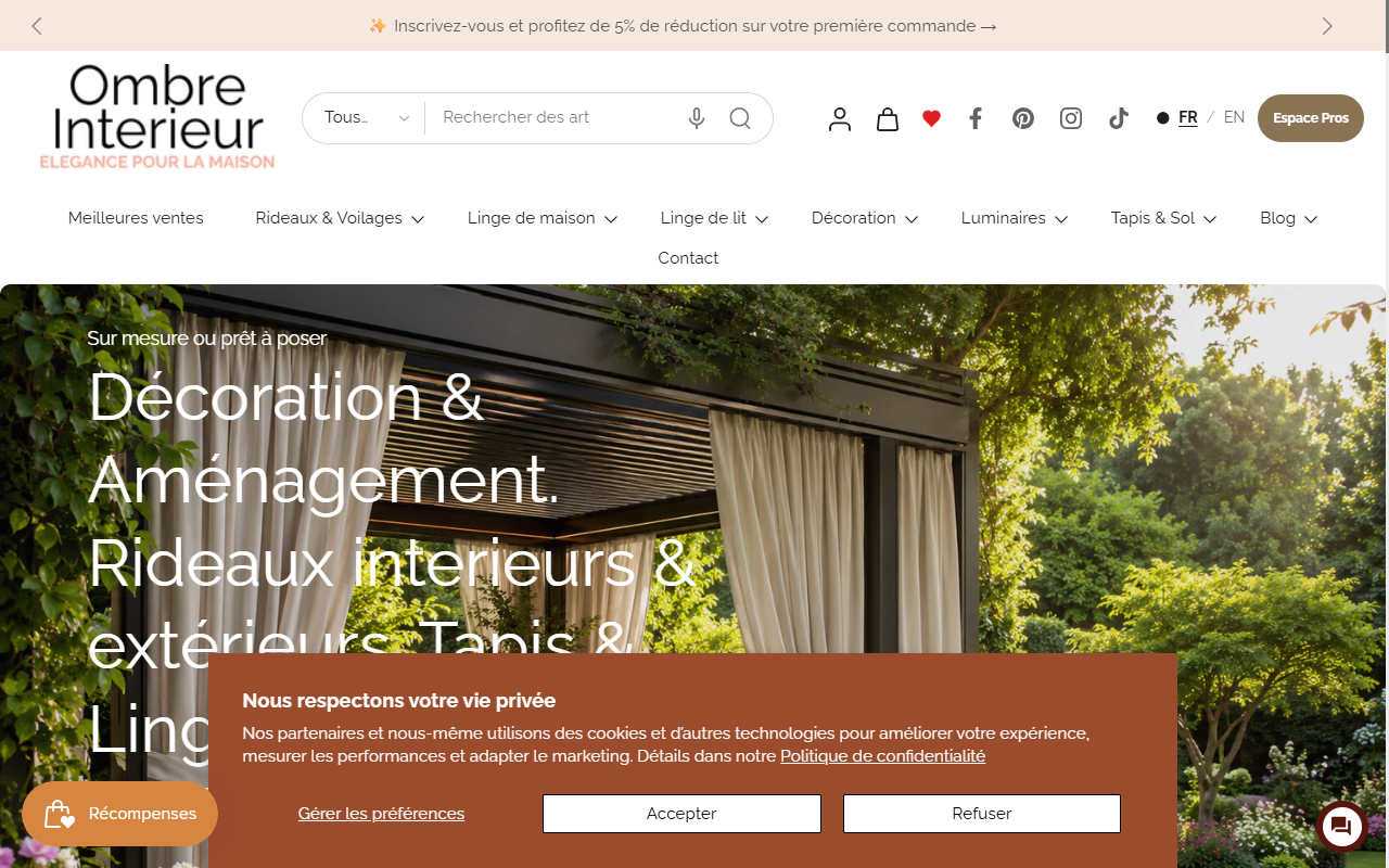 Aperçu du site e-commerce Ombre Intérieur, boutique de rideaux et linge de maison